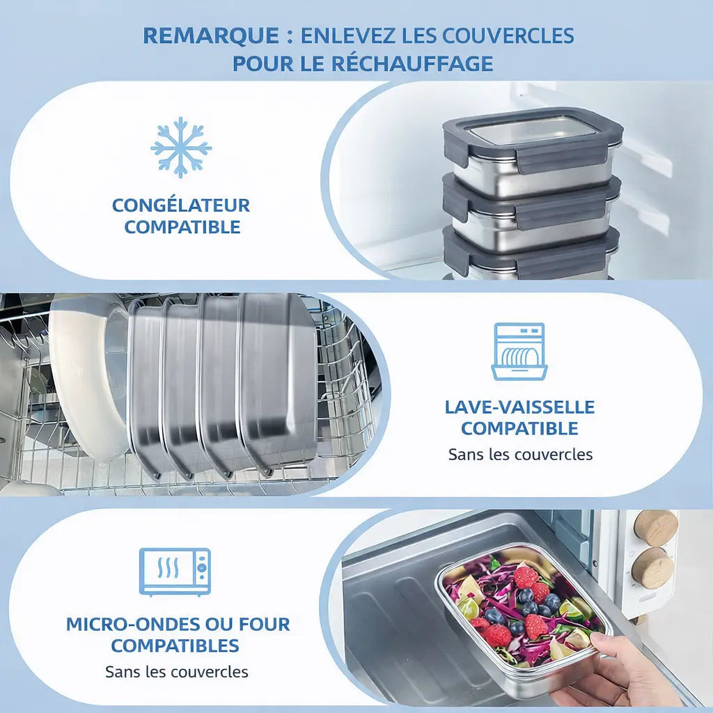 Boîtes MICRO-ONDABLES en acier inoxydable 304, étanches et empilables.