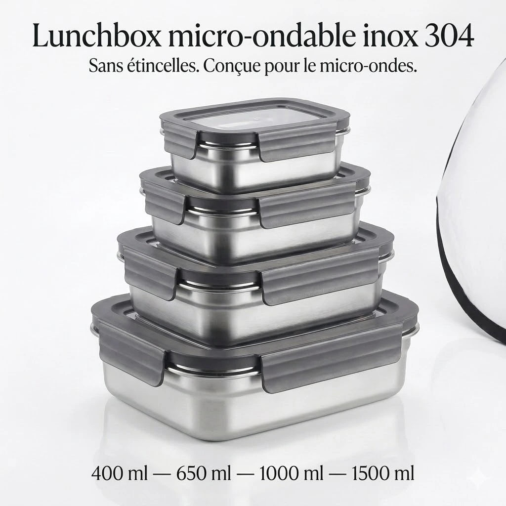 Boîtes MICRO-ONDABLES en acier inoxydable 304, étanches et empilables.