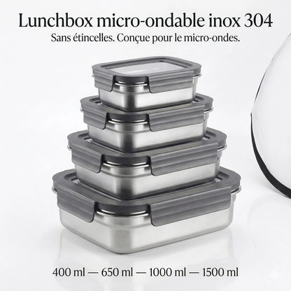 Boîtes MICRO-ONDABLES en acier inoxydable 304, étanches et empilables.