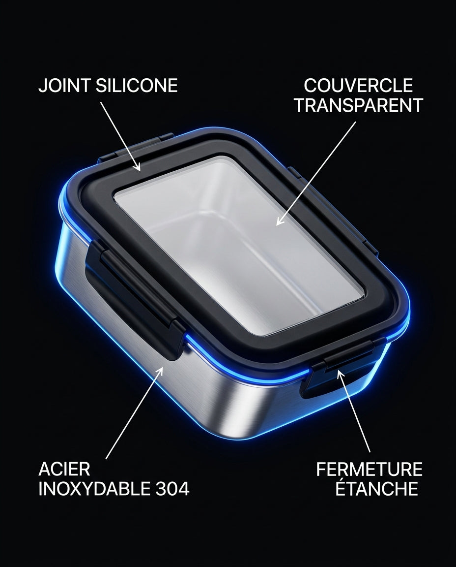Boîtes MICRO-ONDABLES en acier inoxydable 304, étanches et empilables.